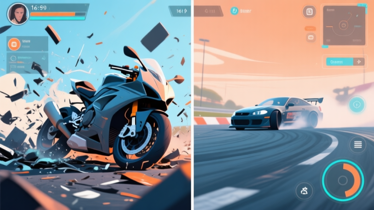 自动生成图片: A split-screen image showing a chaotic motorcycle crash on one side and a smooth, controlled drift on the other, with game UI elements visible, using a soft color palette with blues and oranges high quality illustration, detailed, 16:9