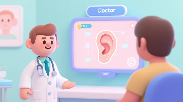 自动生成图片: A stylized, friendly game interface of an ear doctor simulation, showing a doctor avatar facing a patient with a visual ear diagram on a screen, soft pastel colors, clean and inviting design high quality illustration, detailed, 16:9