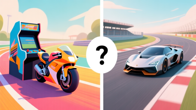 自动生成图片: Split-screen illustration showing a stylized arcade motorbike on a vibrant track on one side, and a detailed simulation car on a realistic race track on the other, with a question mark in the center, using a soft color palette high quality illustration, detailed, 16:9