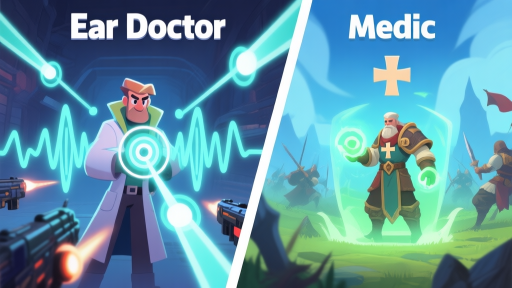 Split-screen game illustration contrasting two healer archetypes. Left side: a stylized "Ear Doctor" character with soundwave visuals and targeted healing beams in a tactical shooter scene. Right side: a classic "Medic" with a cross symbol, providing area-of-effect healing in a fantasy battle. Soft blue and green color scheme. high quality illustration, detailed, 16:9