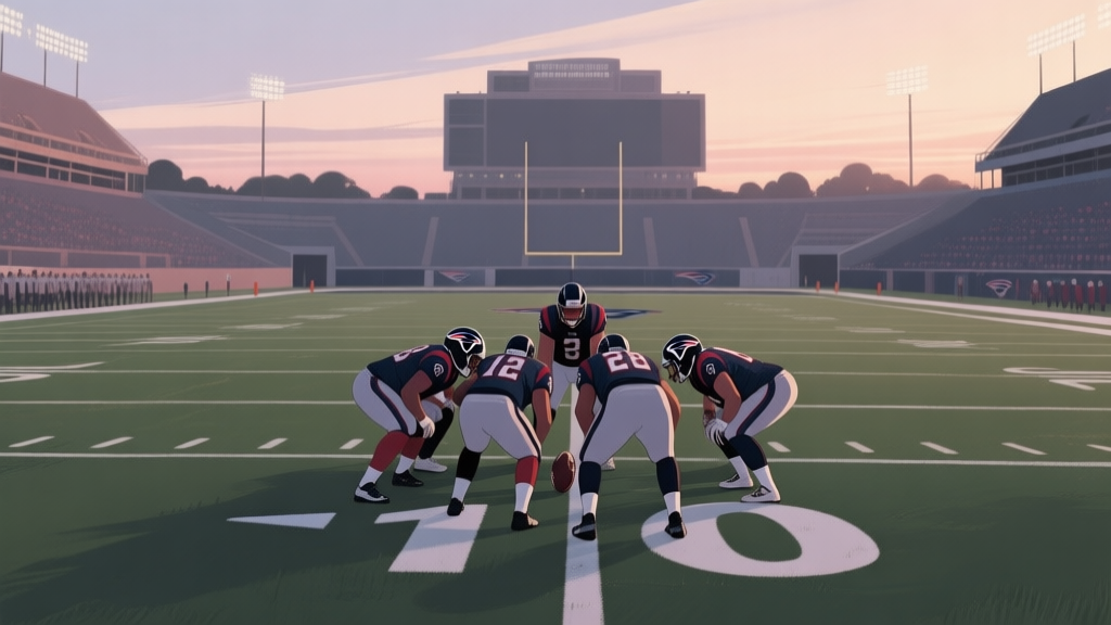 A tense American football game scene viewed from behind the offense, showing the quarterback in the huddle on the 1-yard line, with the end zone in clear focus, soft evening stadium lighting, muted colors high quality illustration, detailed, 16:9