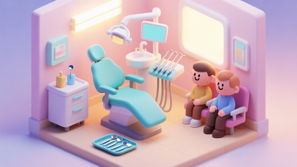 A cozy, isometric view of a brightly lit virtual dental clinic, with a cartoon-style dental chair, a tray of shiny instruments, and friendly patient avatars waiting, in a soft pastel color palette high quality illustration, detailed, 16:9