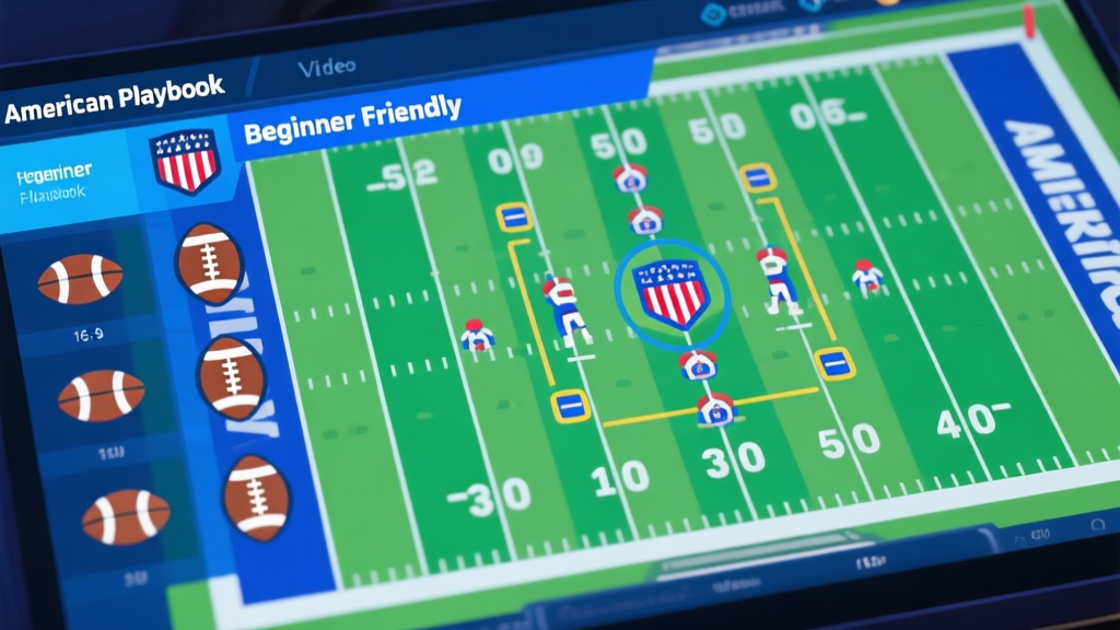 A top-down view of an American football video game playbook screen, showing a selection of offensive and defensive formation icons, with a highlight on a beginner-friendly play, soft blue and green interface colors high quality illustration, detailed, 16:9