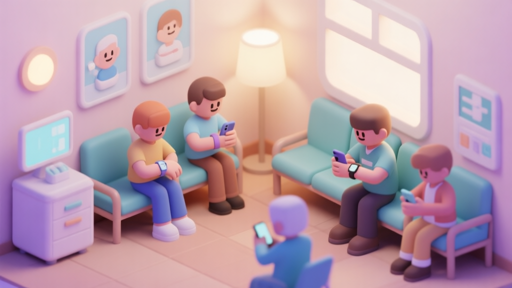 A cozy, softly lit virtual dental clinic waiting room with a few stylized patient avatars looking at their watches or phones, pastel color palette, isometric game view high quality illustration, detailed, 16:9
