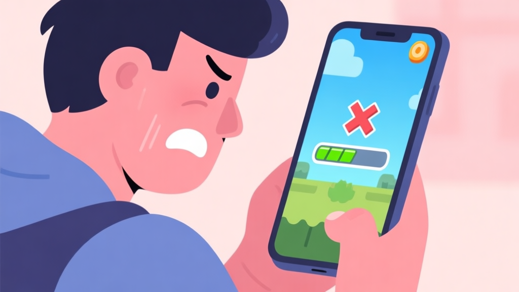 A frustrated gamer looking at a mobile phone screen with a stuck progress bar in a casual clicker game, soft pastel colors, flat illustration style high quality illustration, detailed, 16:9