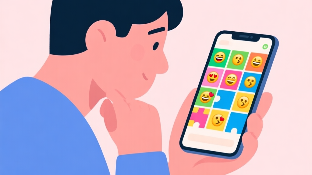 A person looking thoughtfully at a smartphone screen filled with colorful emoji puzzles, soft pastel background, flat illustration style high quality illustration, detailed, 16:9