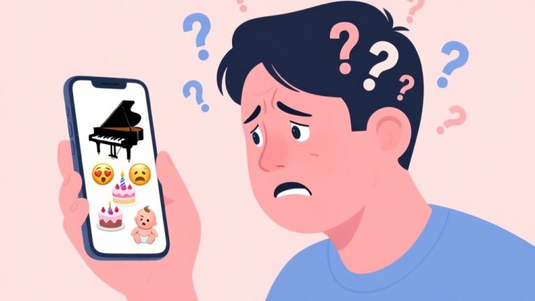 自动生成图片: A frustrated person staring at a mobile phone screen showing a confusing combination of emojis (piano, birthday cake, baby), with question marks floating around their head, in a soft pastel color palette high quality illustration, detailed, 16:9