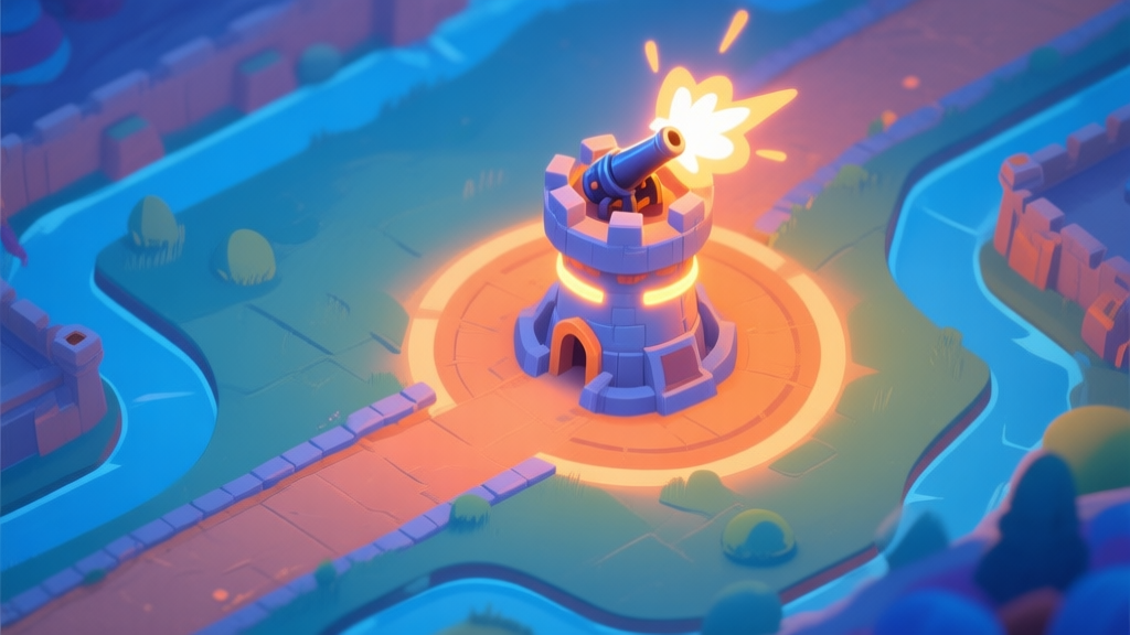 A top-down view of a vibrant tower defense game map, showing a glowing cannon tower at a strategic bend in the path, with a blast radius indicator fading out around it, soft blues and oranges color palette high quality illustration, detailed, 16:9