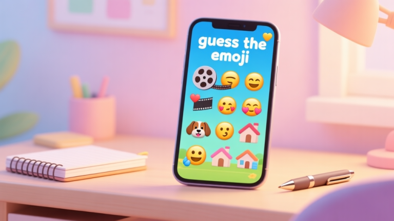 自动生成图片: A smartphone screen showing a colorful and playful "guess the emoji" puzzle with a series of emojis like a film reel, a dog, and a house, placed on a cozy desk with a notebook and pen, soft pastel background high quality illustration, detailed, 16:9