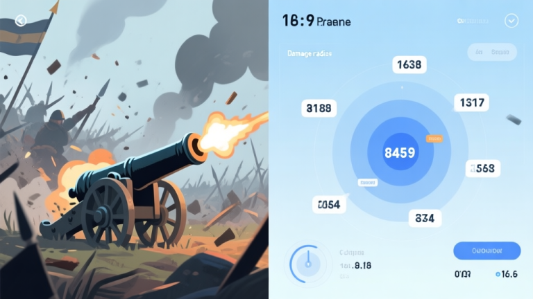 自动生成图片: A split-screen illustration showing a chaotic battlefield on one side with a cannon firing, and on the other side, a clean analytical view with floating numbers, damage radii, and cooldown timers, in a soft color palette of blues and greys high quality illustration, detailed, 16:9