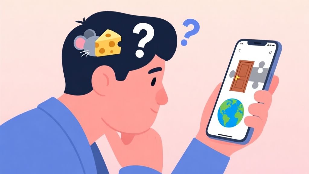 A person looking thoughtfully at a smartphone screen showing a puzzle of combined emojis (mouse, cheese, door, globe), with question marks floating above their head, soft pastel background high quality illustration, detailed, 16:9