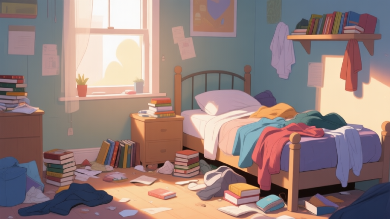 自动生成图片: A cozy but slightly messy bedroom from a teenager's perspective, with books and clothes scattered, soft natural light from a window, in a warm and relatable illustration style high quality illustration, detailed, 16:9