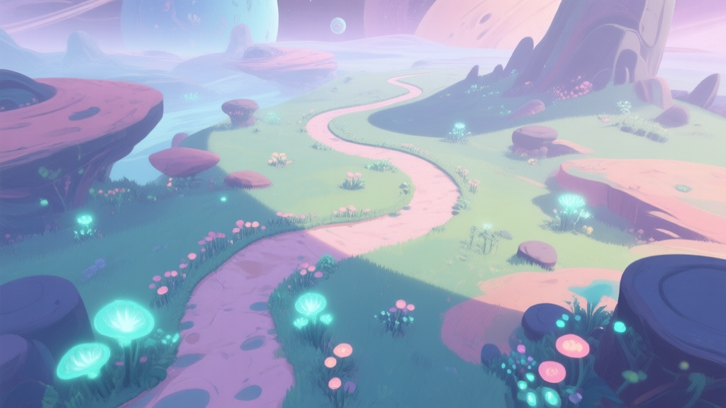 A serene, alien planet landscape with winding paths through glowing flora, soft pastel colors, top-down game perspective, peaceful yet mysterious atmosphere high quality illustration, detailed, 16:9
