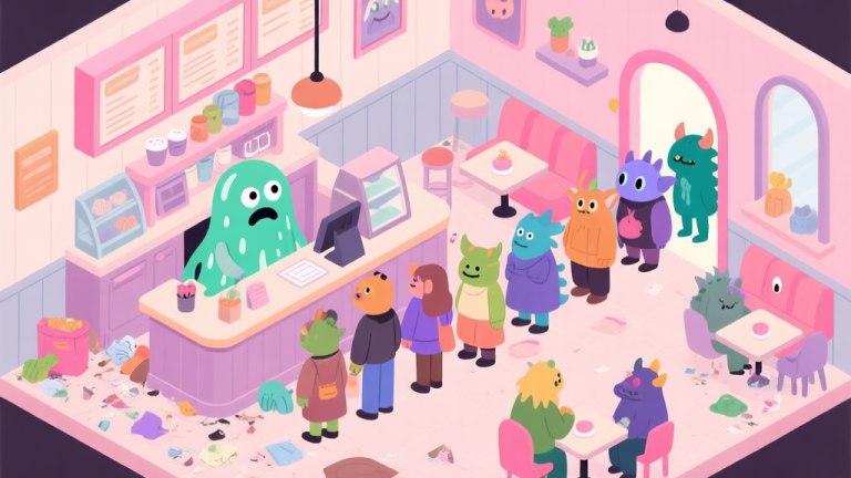 自动生成图片: A cozy, slightly messy monster cafe interior in soft pastel colors, with a cute confused slime monster behind the counter and a line of diverse fantasy creature customers, isometric view, flat illustration style high quality illustration, detailed, 16:9
