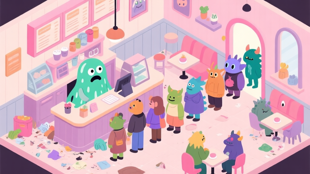 A cozy, slightly messy monster cafe interior in soft pastel colors, with a cute confused slime monster behind the counter and a line of diverse fantasy creature customers, isometric view, flat illustration style high quality illustration, detailed, 16:9