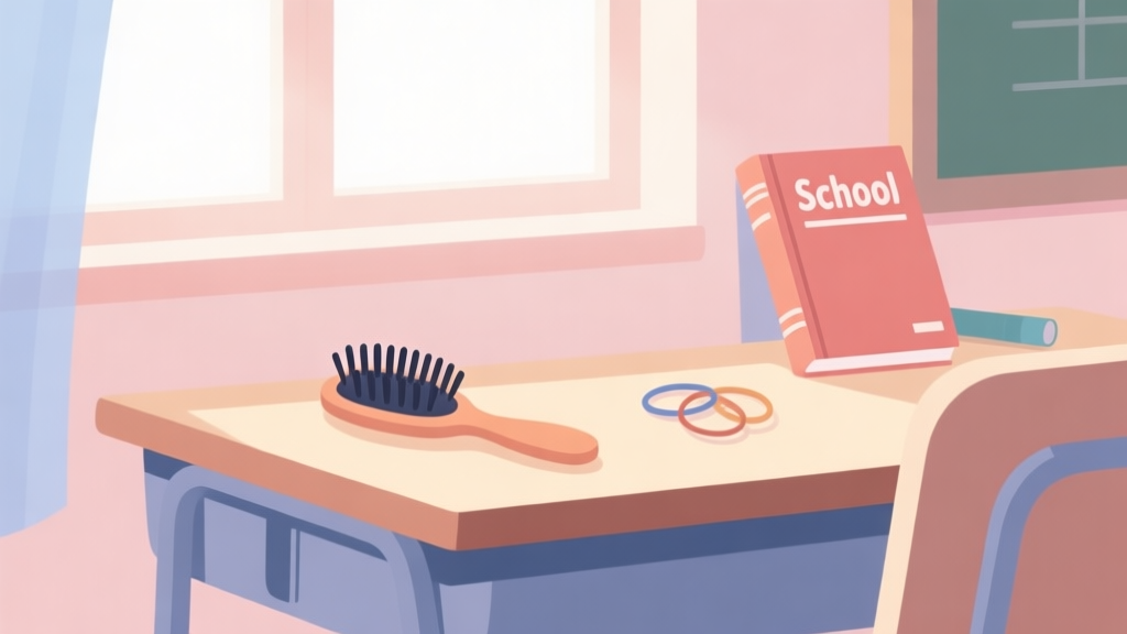 A gentle, flat-design illustration of a student's desk with a hairbrush, simple hair ties, and a school rulebook in the background, soft pastel colors, morning light coming through a window high quality illustration, detailed, 16:9