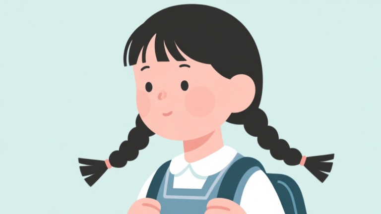 自动生成图片: A simple, clean illustration of a school girl with two neat braids, looking focused and ready for school, soft pastel background, flat design style high quality illustration, detailed, 16:9