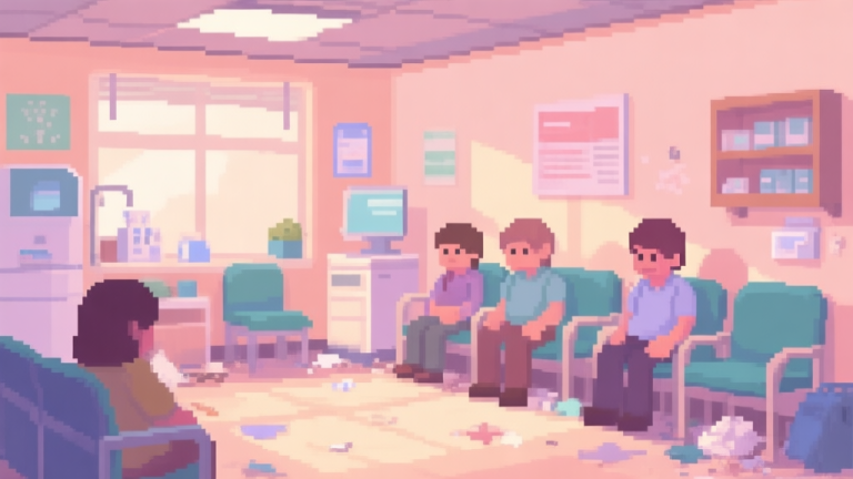 自动生成图片: A cozy, slightly messy pixel art style dermatology clinic waiting room, with a few patient characters waiting patiently, soft pastel color palette, warm lighting high quality illustration, detailed, 16:9