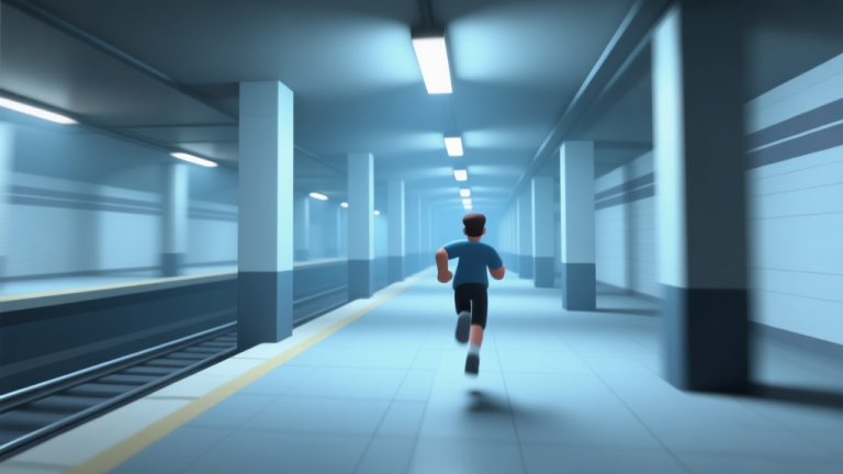 自动生成图片: A 3D game scene in a subway tunnel, viewed from behind a running character. Soft lighting from overhead lights, clean geometric shapes of pillars and tracks, a sense of motion blur, in a calm color palette of blues and grays high quality illustration, detailed, 16:9