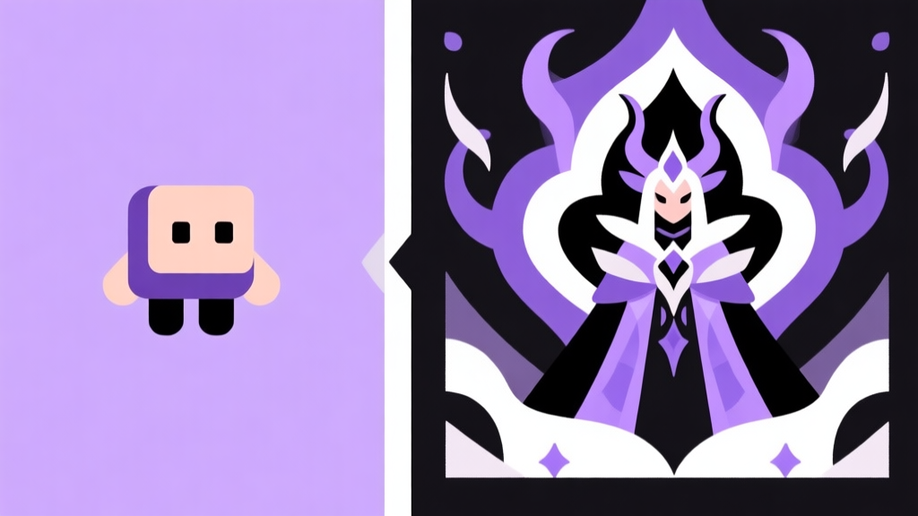 A split-screen illustration showing a simple game character design on one side and an elaborate fantasy version on the other, using soft purples, blacks, and whites, flat design style high quality illustration, detailed, 16:9