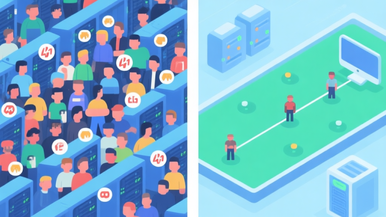 自动生成图片: Split-screen illustration comparing two game server environments. Left side shows a chaotic, crowded official server with many avatars and lag icons. Right side shows a calm, organized private server with fewer players and smooth connection lines. Soft blue and green color scheme, flat design. high quality illustration, detailed, 16:9