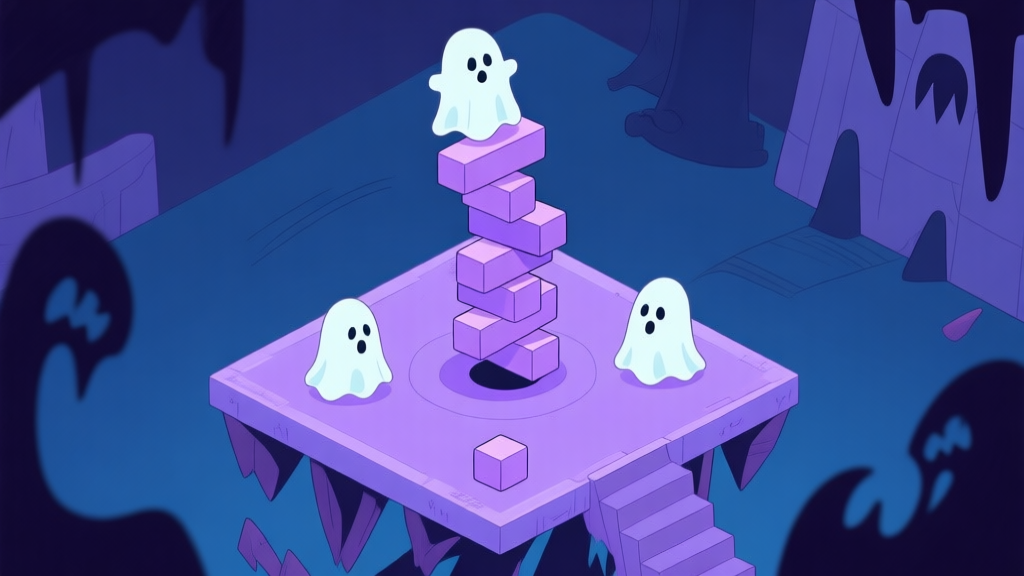 A stylized, top-down view of a Super Scary Stacker game scene, showing wobbly ghostly blocks being placed on a shaking platform, with a spooky but cute aesthetic, soft purple and dark blue color scheme, clean lines high quality illustration, detailed, 16:9