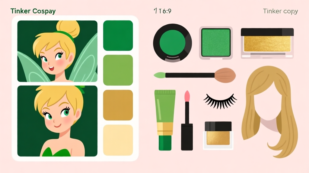 A flat design illustration showing a mood board for Tinker Bell cosplay. On one side, reference images of Tinker Bell's facial expressions and color palette (greens, golds). On the other side, a collection of cosmetic products like green eyeshadow, gold highlighter, false lashes, and a wig. Soft pastel background. high quality illustration, detailed, 16:9