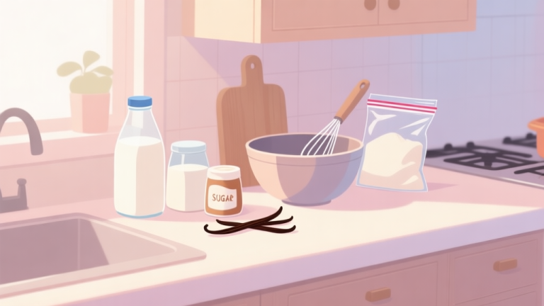 自动生成图片: A cozy, well-lit kitchen counter with simple ingredients like milk, cream, sugar, and vanilla arranged neatly, alongside basic tools like a mixing bowl, whisk, and a ziplock bag. Soft pastel color scheme, inviting and clean aesthetic. high quality illustration, detailed, 16:9