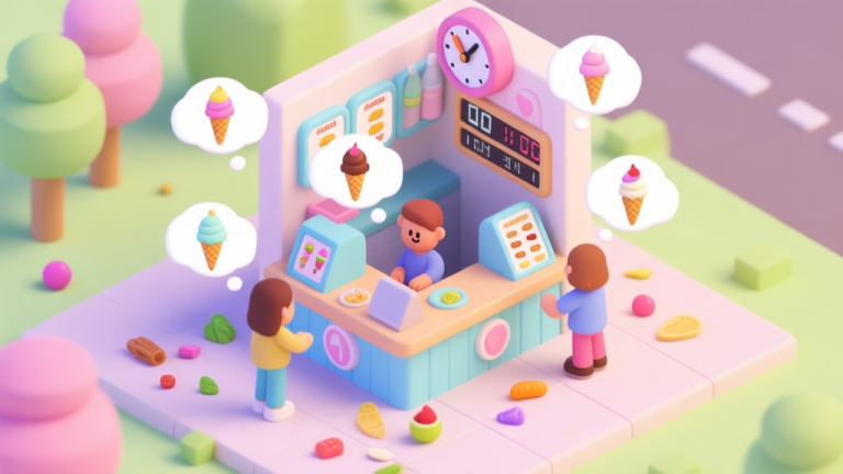 自动生成图片: A vibrant, isometric view of a cute ice cream shop counter in a casual game style, with multiple customer thought bubbles showing different ice cream orders, a timer counting down, and colorful ingredients scattered around. Soft pastel color palette. high quality illustration, detailed, 16:9