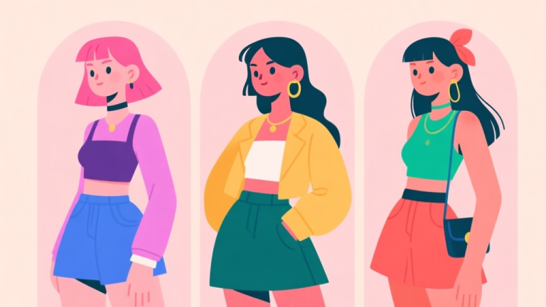 自动生成图片: A flat design illustration showing three distinct trendy girl character archetypes side by side, each with a different color palette and fashion style, set against a soft pastel background high quality illustration, detailed, 16:9