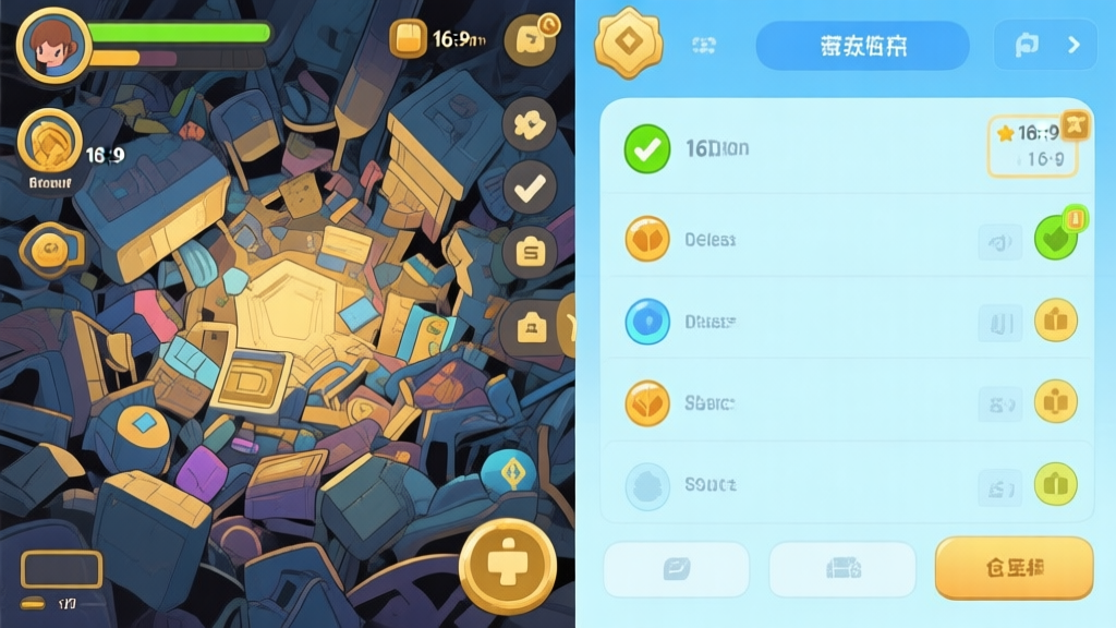A split-screen illustration showing a cluttered, chaotic game UI on one side and a clean, organized interface with clear resource indicators on the other, using a soft blue and gold color scheme high quality illustration, detailed, 16:9