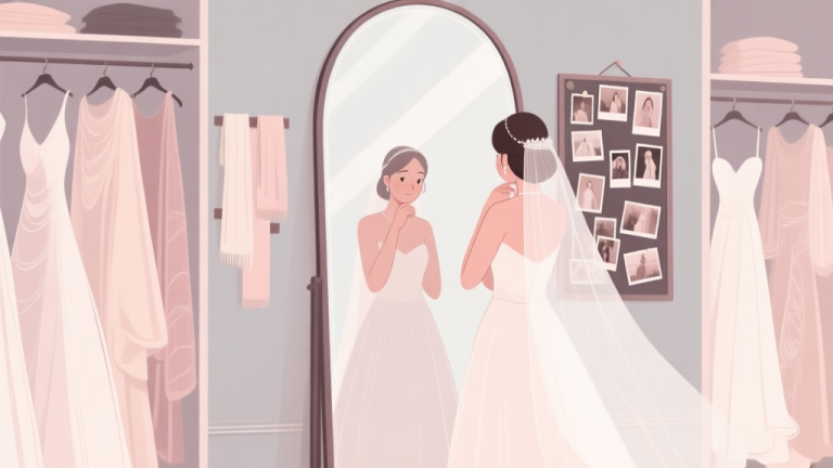 自动生成图片: A soft, elegant illustration of a bride standing thoughtfully in front of a large mirror in a bridal boutique, surrounded by flowing fabric swatches and a mood board with pinned images, in a muted pastel color palette high quality illustration, detailed, 16:9