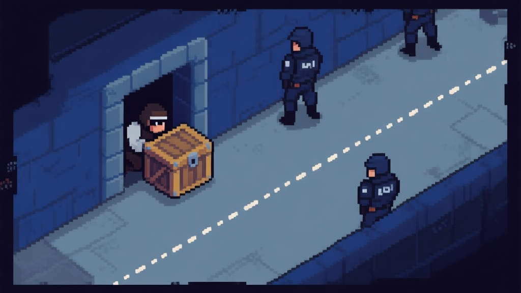 Top-down view of a pixel art game level showing a thief character hiding behind a crate, guard patrol path indicated by dotted lines, dark blue and grey color scheme high quality illustration, detailed, 16:9