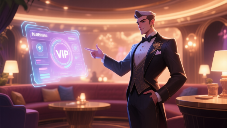 自动生成图片: An elegant, stylized game character in a VIP lounge setting, gesturing towards a holographic event interface, soft glowing lights, warm and inviting color palette, digital art style high quality illustration, detailed, 16:9