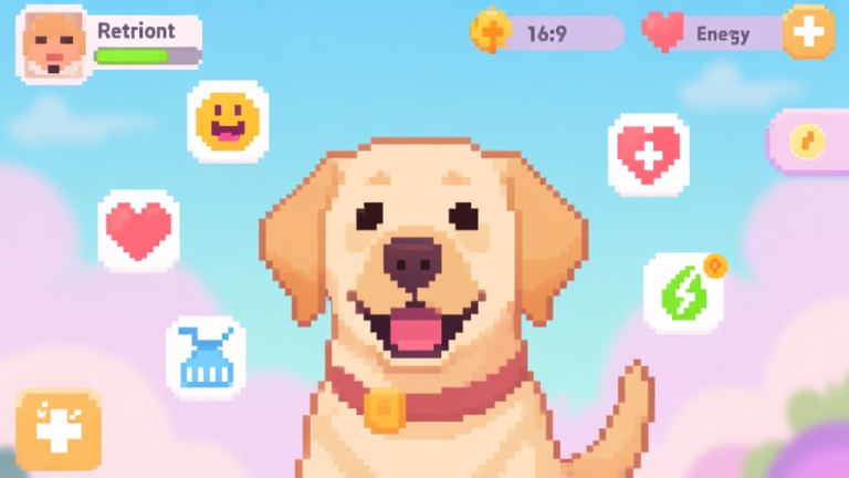 自动生成图片: A cheerful, pixel-art style Labrador Retriever in a virtual pet game interface, surrounded by floating icons representing happiness, health, cleanliness, and energy stats, with a soft pastel color palette high quality illustration, detailed, 16:9