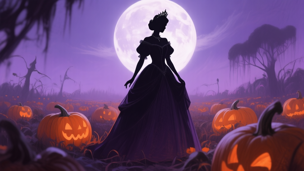 A mysterious, elegant silhouette of a princess in a gothic dress standing in a moonlit pumpkin patch, soft purple and orange color scheme, digital painting style with subtle horror elements high quality illustration, detailed, 16:9