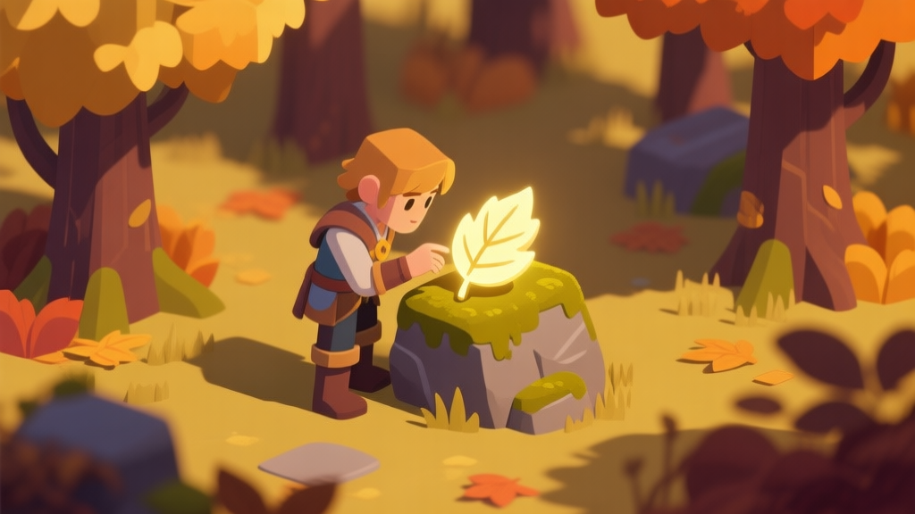 A serene, isometric view of a fantasy game forest in autumn, with a character examining a glowing, leaf-shaped item on a mossy stone, soft gold and amber color palette, flat design style high quality illustration, detailed, 16:9