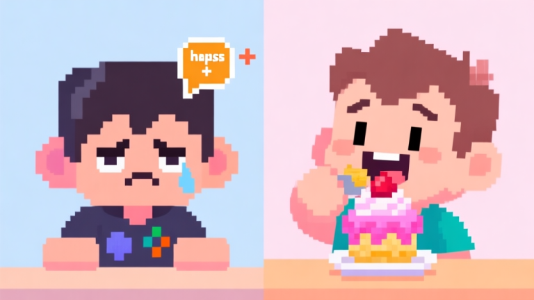 自动生成图片: A cheerful, stylized illustration of a video game character looking tired, then perking up after eating a colorful, pixel-art dessert, with a small "happiness +" icon appearing above their head, soft pastel color palette high quality illustration, detailed, 16:9