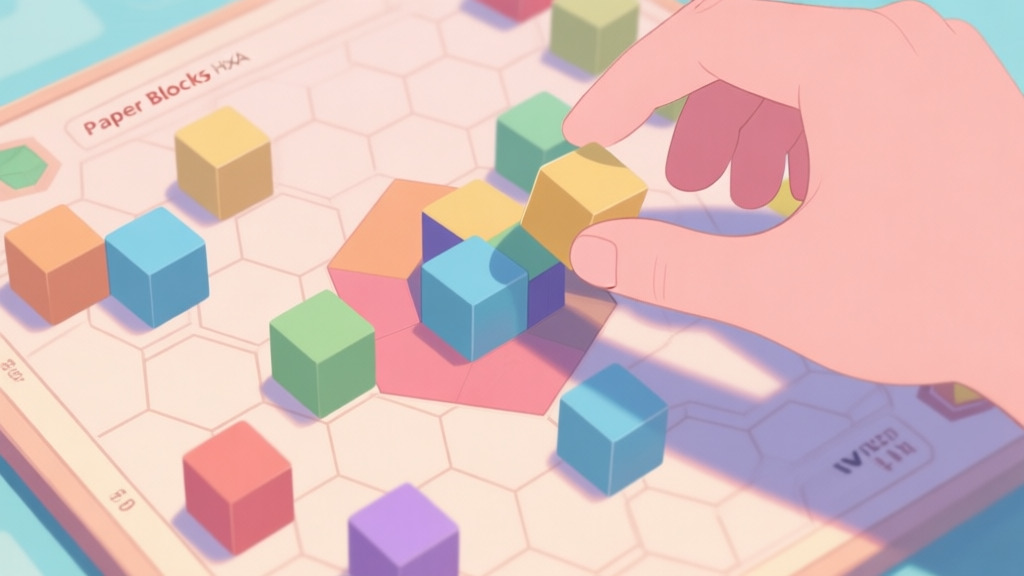 A top-down view of a Paper Blocks Hexa game board in mid-game, showing colorful geometric blocks on a hexagonal grid, with one block being rotated by a hand, soft pastel color scheme high quality illustration, detailed, 16:9