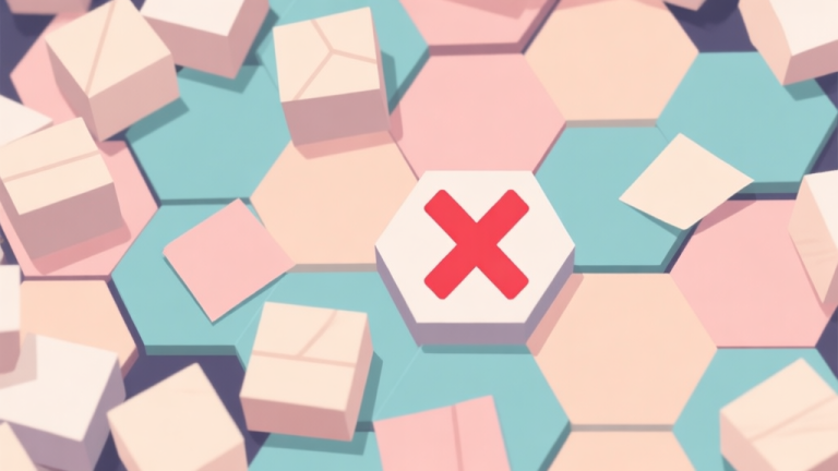 自动生成图片: A top-down view of a cluttered hexagonal game board in soft pastel colors, with mismatched paper-like blocks, one empty cell highlighted, and a frustrating red "X" overlay, flat design style high quality illustration, detailed, 16:9