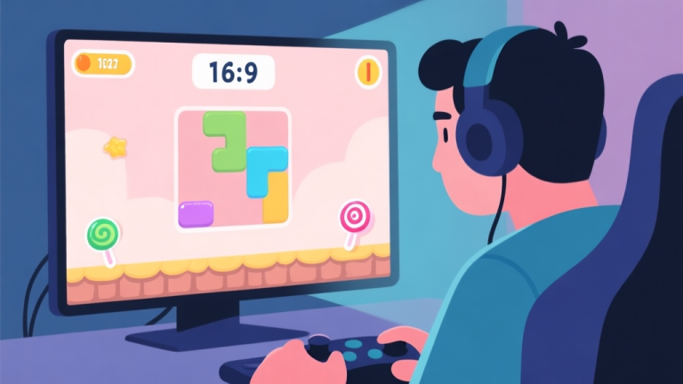 自动生成图片: A calm and focused gamer looking at a screen displaying a puzzle game level with a timer and special candy items, soft pastel colors, flat illustration style high quality illustration, detailed, 16:9