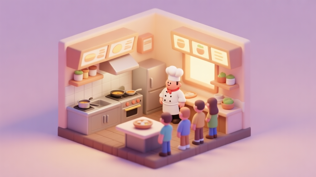 A cozy, isometric view of a small virtual restaurant kitchen with a chef character, simple cooking stations, and a few customer avatars waiting, in a soft pastel color palette with warm lighting high quality illustration, detailed, 16:9