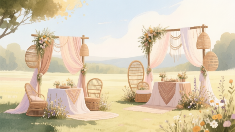 自动生成图片: A serene, sun-drenched outdoor scene with two distinct but harmonizing bridal setups in bohemian style, featuring flowing fabrics, rattan elements, and wildflowers, soft pastel and earth tone color palette, watercolor illustration style high quality illustration, detailed, 16:9