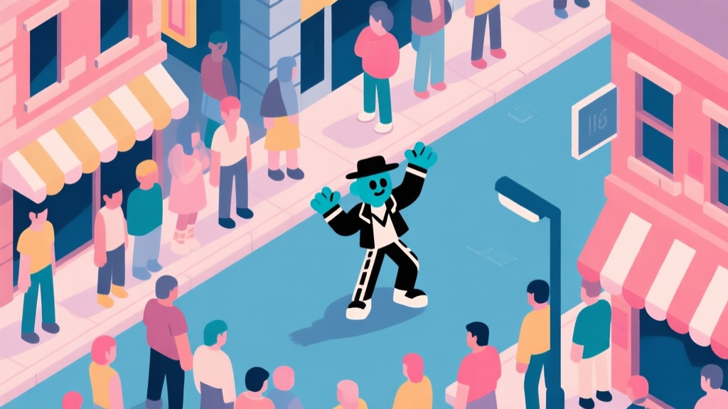 A stylized, isometric view of a vibrant game street scene with a cool, uniquely dressed dancer character standing out in the crowd, soft urban color palette, flat design style high quality illustration, detailed, 16:9