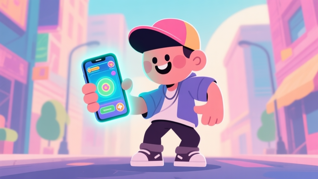 A stylized, friendly street dancer character in a vibrant urban setting, holding a glowing smartphone with a game interface, soft pastel colors, flat illustration style high quality illustration, detailed, 16:9