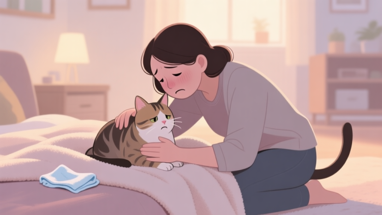 自动生成图片: A concerned cat owner gently comforting a cat on a soft blanket, with a small cleaning cloth nearby, in a warm and softly lit home environment, muted pastel colors high quality illustration, detailed, 16:9