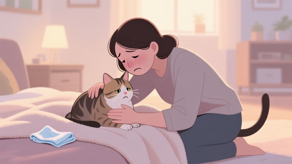 A concerned cat owner gently comforting a cat on a soft blanket, with a small cleaning cloth nearby, in a warm and softly lit home environment, muted pastel colors high quality illustration, detailed, 16:9