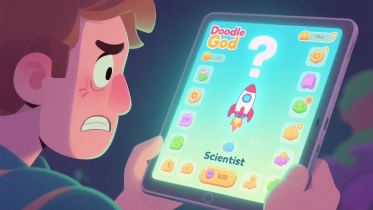 自动生成图片: A frustrated player looking at a glowing Doodle God interface on a tablet, with many basic elements combined but a question mark hovering over the missing "Rocket Scientist" element, soft pastel game art style high quality illustration, detailed, 16:9