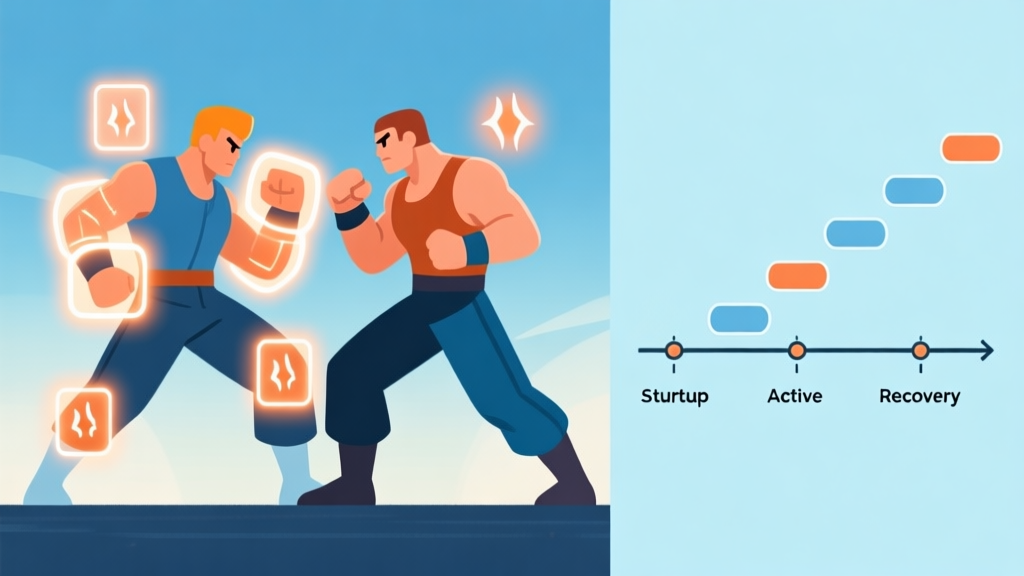 A split-screen illustration showing two game characters in a fighting stance. On one side, glowing hitboxes and hurtboxes are visible around their limbs. On the other side, a simplified timeline with frames marked as startup, active, and recovery. Soft blue and orange color scheme, flat design style. high quality illustration, detailed, 16:9