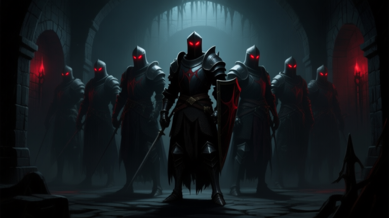 自动生成图片: A group of ominous, shadowy knight figures standing in a dark fantasy dungeon, glowing red eyes, cohesive formation, video game concept art style, dark and atmospheric color palette high quality illustration, detailed, 16:9